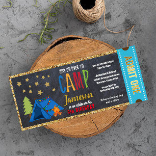 Glitter Gold Blue Blackboard Glamping Ticket Pass Invitation