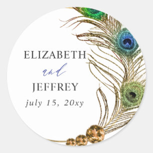 Glitter Gold Blue Peacock Plume Wedding Classic Round Sticker