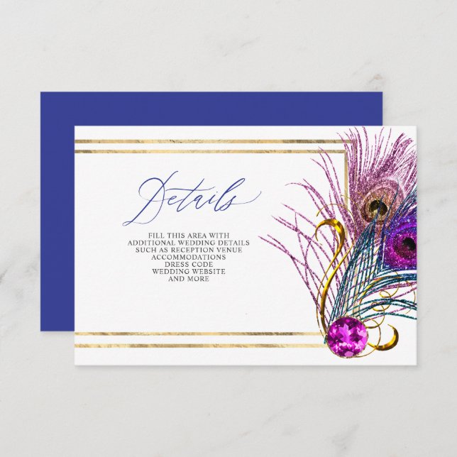 Glitter Gold Blue Purple Peacock Plume Wedding Enclosure Card (Front/Back)