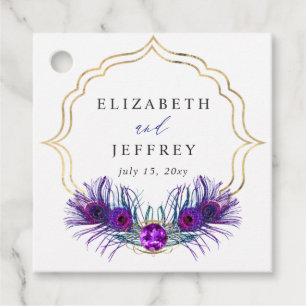 Glitter Gold Blue Purple Peacock Plume Wedding Favour Tags
