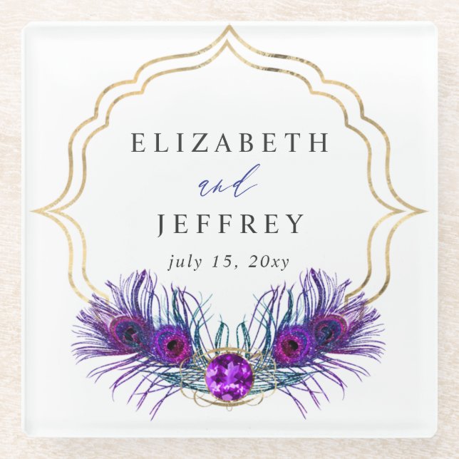 Glitter Gold Blue Purple Peacock Plume Wedding Glass Coaster (Front)