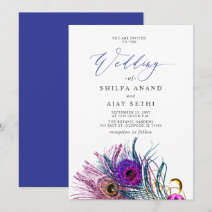 Glitter Gold Blue Purple Peacock Plume Wedding Invitation