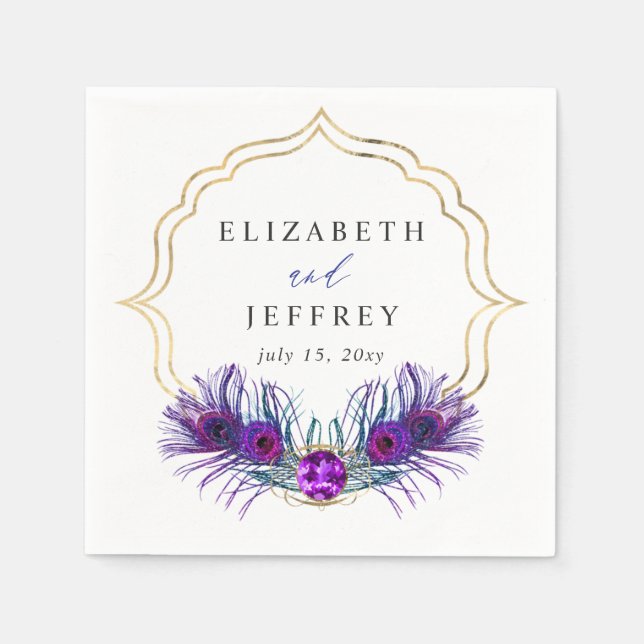 Glitter Gold Blue Purple Peacock Plume Wedding Napkin (Front)