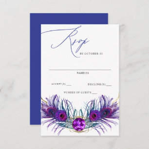 Glitter Gold Blue Purple Peacock Plume Wedding  RSVP Card
