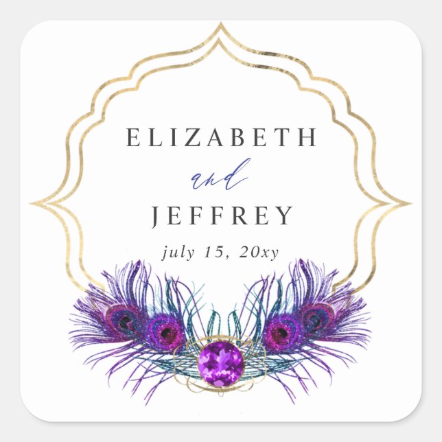 Glitter Gold Blue Purple Peacock Plume Wedding Square Sticker (Front)