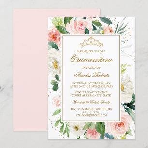 Glitter Gold Blush Floral Quinceanera Birthday I Invitation