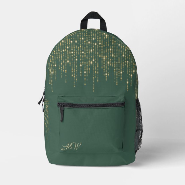 Glitter Gold Bokeh Print on Green Printed Backpack (Front)