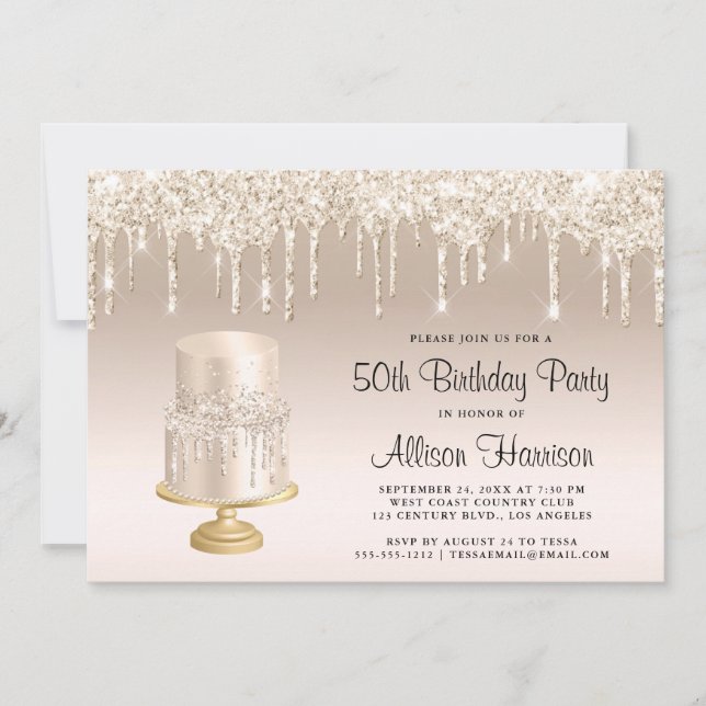 Glitter Gold Cake 50th Birthday Party Invitation (Front)