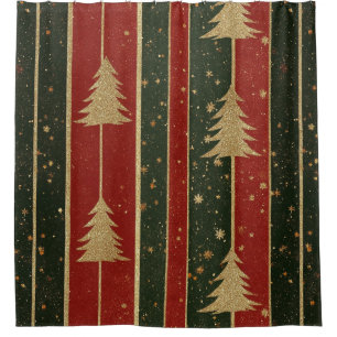 Glitter Gold Christmas Tree - Red & Green Striped Shower Curtain