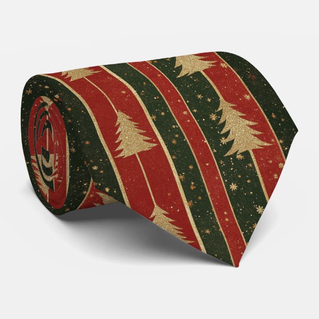 Glitter Gold Christmas Tree - Red & Green Striped Tie (Rolled)