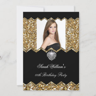 Glitter Gold Diamond Heart Photo Any Birthday 2 Invitation