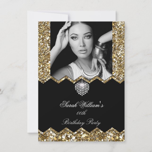 Glitter Gold Diamond Heart Photo Any Birthday Invitation (Front)