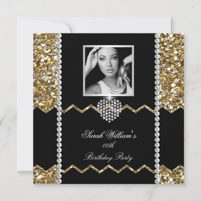 Glitter Gold Diamond Heart Photo Birthday Party Invitation (Front)