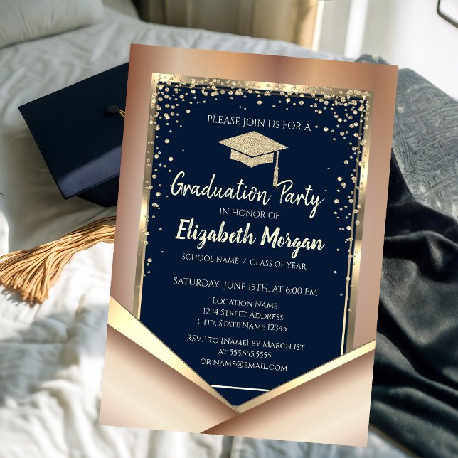 Glitter Gold Diamonds Navy Blue Graduation  Invitation (Creator Uploaded)