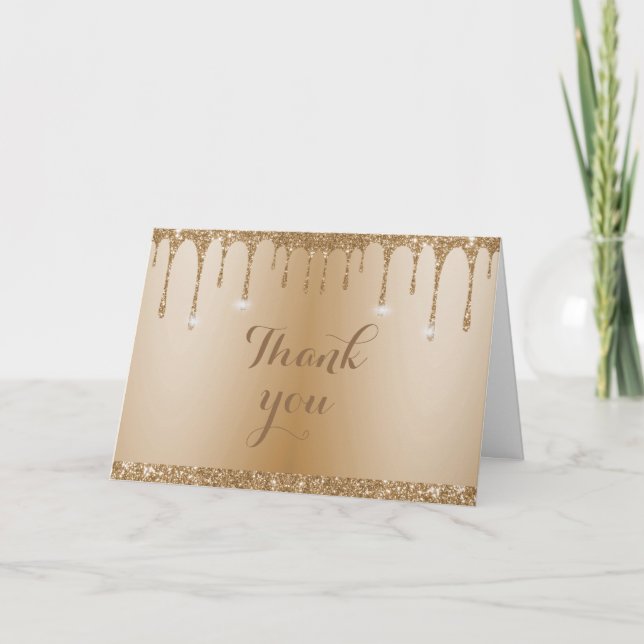 Glitter Gold Drips Champagne Beige Thank You Card (Front)