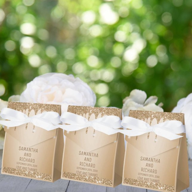 Glitter Gold Drips Champagne Beige Wedding Favour Box (Creator Uploaded)
