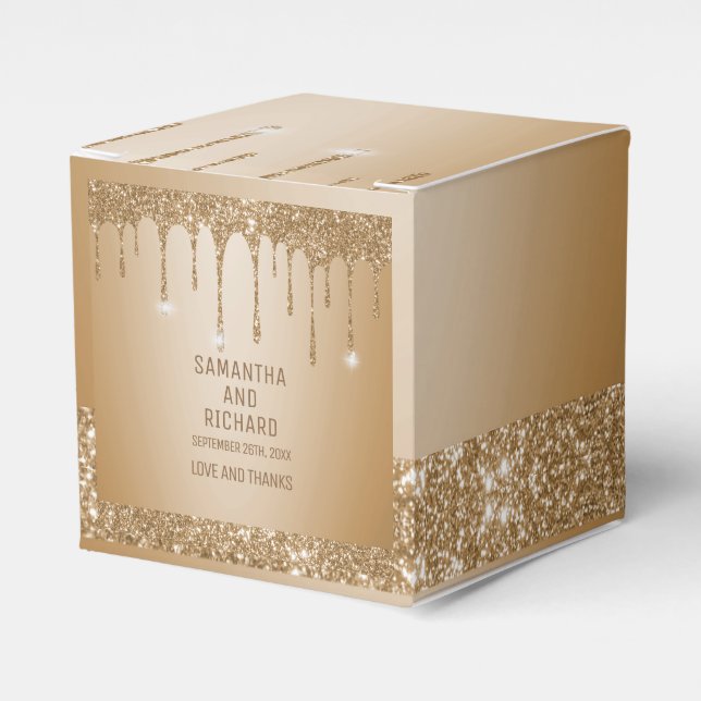 Glitter Gold Drips Champagne Beige Wedding Favour Box (Front Side)