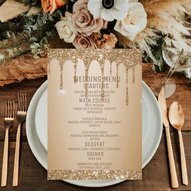 Glitter Gold Drips Champagne Beige Wedding Menu (Creator Uploaded)