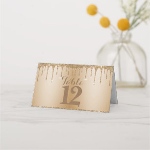 Glitter Gold Drips Champagne Beige Wedding Place Card
