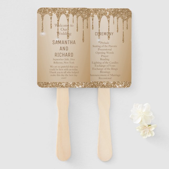 Glitter Gold Drips Champagne Beige Wedding Program Hand Fan (Front and Back)