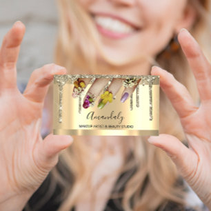 Glitter Gold Drips Nail Manicure Floral Business Card