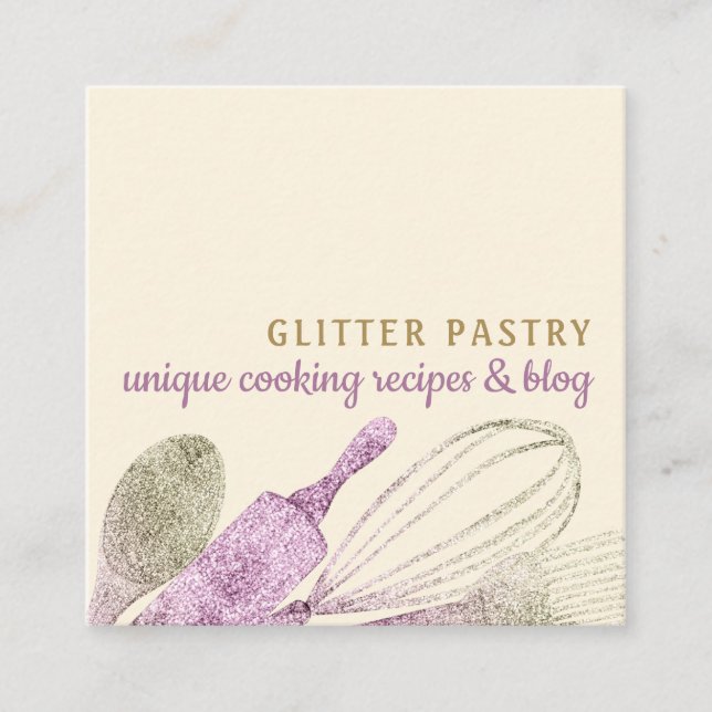 Glitter gold dusty pink pastry bakery cook square business card (Front)