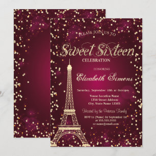 Glitter Gold Eiffel Tower Diamonds Red Sweet 16 Invitation