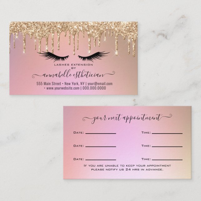Glitter Gold  Eyelash Extension Appointment Busine Business Card (Front/Back)