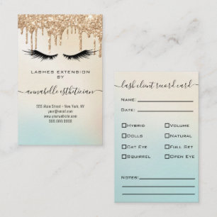 Glitter Gold  Eyelash Extension Client Record Business Card