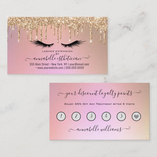 Glitter Gold  Eyelash Extension Loyalty   Business Card (Front/Back)