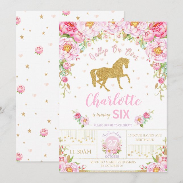 Glitter Gold Floral Horse Birthday Invitation Girl (Front/Back)