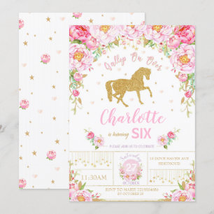Glitter Gold Floral Horse Birthday Invitation Girl