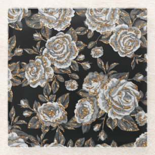 Glitter Gold Floral: Sparkle Vintage. Glass Coaster