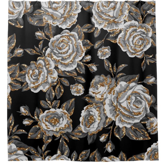 Glitter Gold Floral: Sparkle Vintage. Shower Curtain (Front)