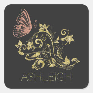 Glitter Gold Flourish Butterfly Personalised Square Sticker