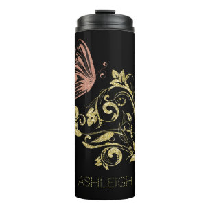 Glitter Gold Flourish Butterfly Personalised Thermal Tumbler