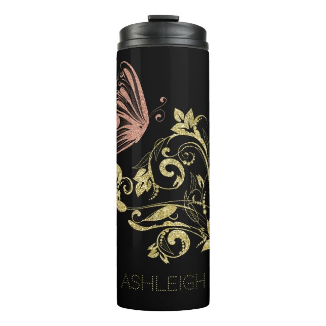 Glitter Gold Flourish Butterfly Personalised Thermal Tumbler (Front)