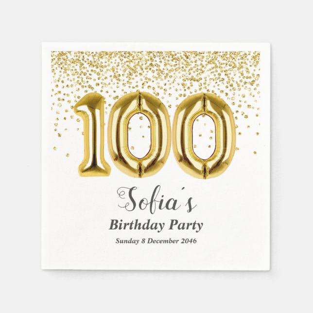 glitter gold , golden sparkle 100th birthday napkin (Front)