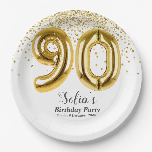glitter gold , golden sparkle 90th birthday paper plate (Front)