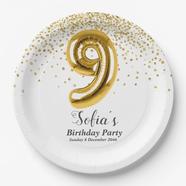 glitter gold , golden sparkle 9th birthday paper plate (Front)