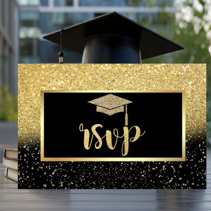 Glitter Gold Grad Cap, Confetti  Graduation Party RSVP Card