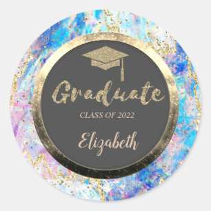 Glitter Gold Grad Cap,Confetti,Holographic Opal Classic Round Sticker