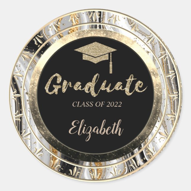 Glitter Gold Grad Cap,Confetti Marble Classic Round Sticker (Front)