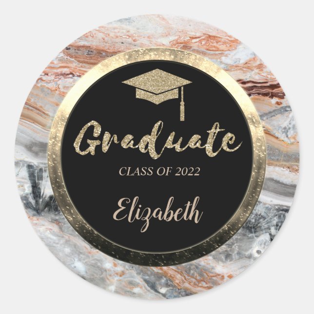 Glitter Gold Grad Cap,Marble Rock Classic Round Sticker (Front)