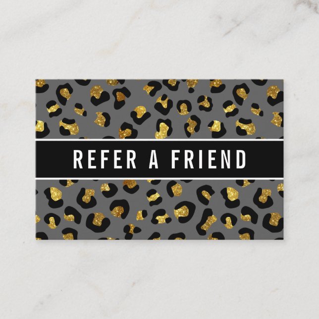 Glitter gold Grey leopard Salon Referral Customer Business Card (Front)