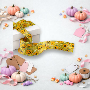 Glitter Gold Halloween Pumpkin Pattern Satin Ribbon