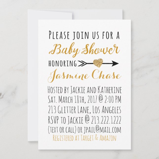 Glitter Gold Heart Arrow Baby Shower Invitation (Front)