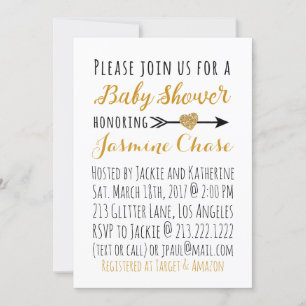 Glitter Gold Heart Arrow Baby Shower Invitation