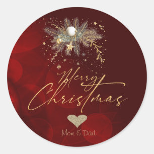 Glitter Gold Heart, Christmas Ornaments Branch Red Classic Round Sticker