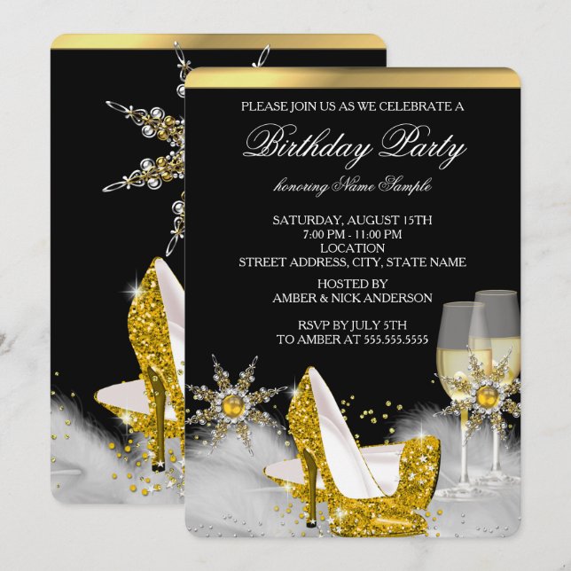 Glitter Gold High Heel Shoes Gold Champagne Black Invitation (Front/Back)
